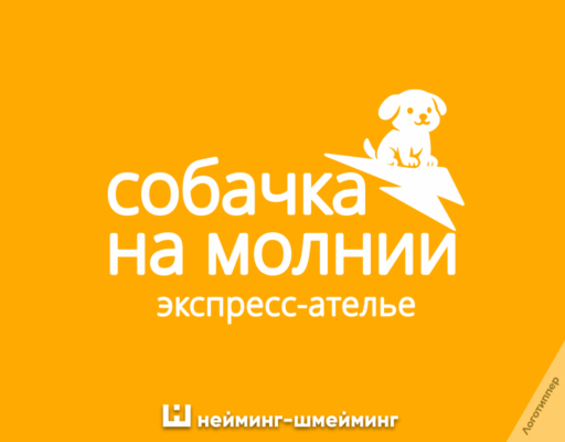 «Собачка на молнии» — шуточный нейминг и логотип экспресс-ателье с игрой слов на тему собак и застёжки-молнии.
