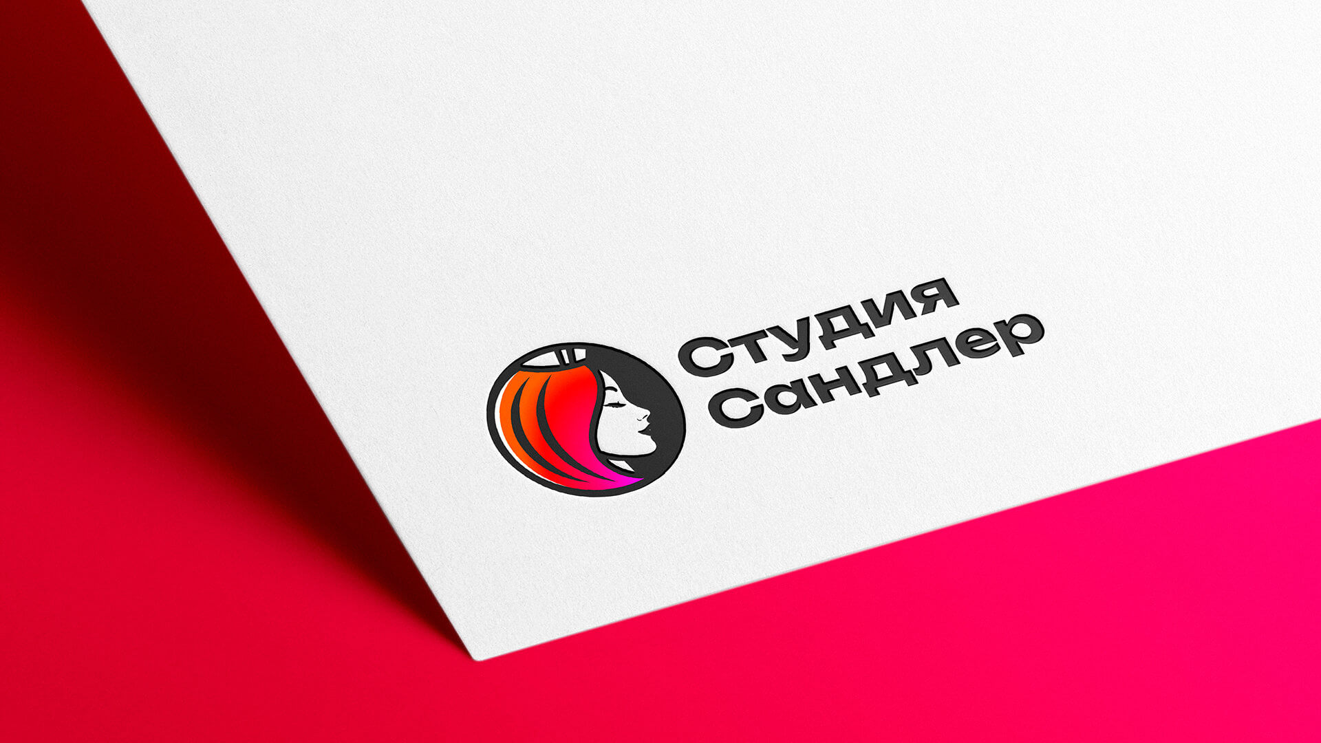 Разработка логотипа для «Студии Сандлер» — студии окрашивания волос: фирменный знак с образом девушки, кисти и яркой цветовой палитрой.